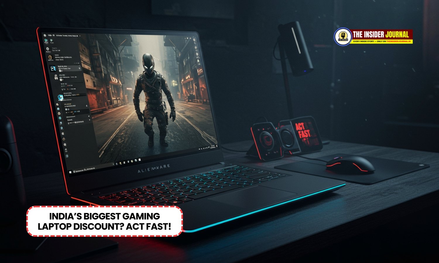 Alienware Area-51m R2 gaming laptop with RGB lighting, showing sleek design and premium build, placed on a gaming desk.