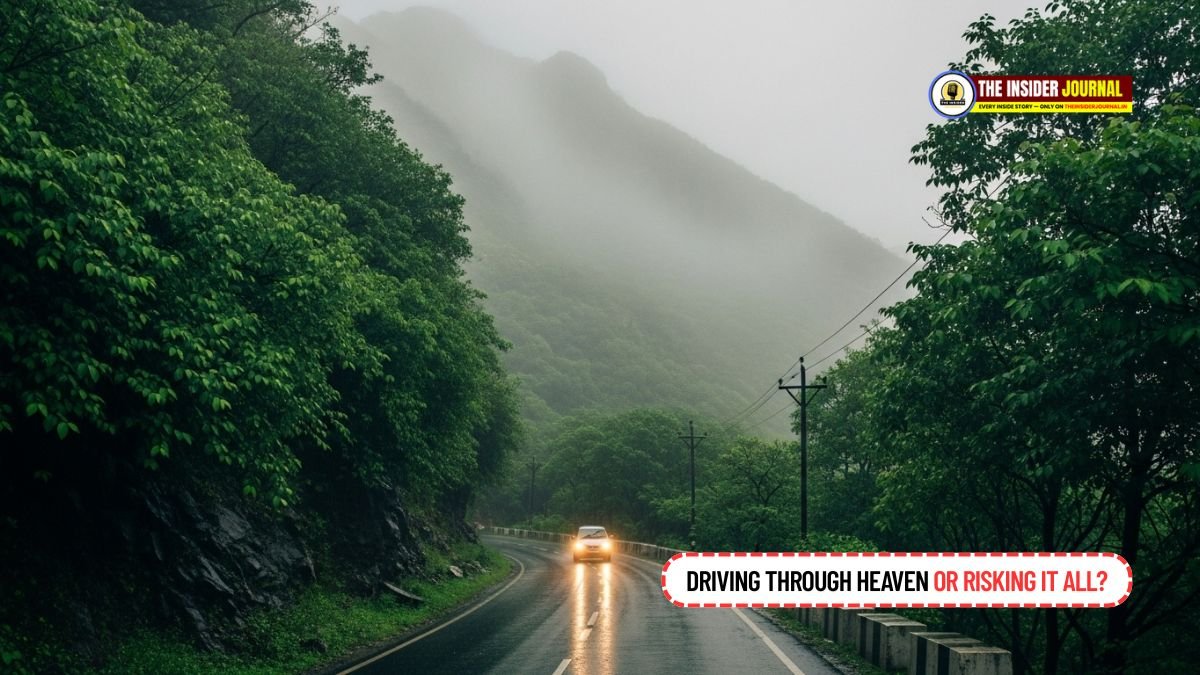 Monsoon travel tips – car driving through foggy green road in Mount Abu, surrounded by lush forest and mist – TheInsiderJournal.in