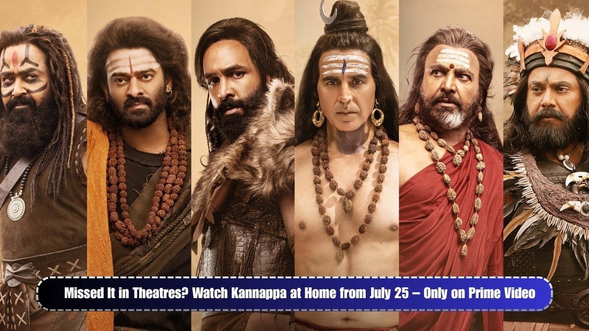 A promotional poster showing the Kannappa OTT release date on Amazon Prime Video, featuring mythological visuals and Vishnu Manchu in the lead.
