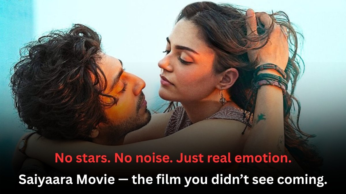 Poster-style image from Saiyaara Movie showing two characters sitting by a silent lake in Ladakh, reflecting themes of grief and healing.