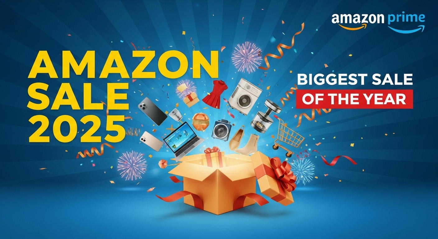 Amazon Sale 2025 banner with huge discounts on smartphones, electronics, fashion, home appliances, and exclusive Prime deals