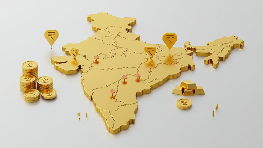 Gold Rate Today: India’s Gold Prices Drop Slightly | July 18, 2025 Update 2 Gold Rate Today visualized on a fully gold-plated 3D map of India showing city-wise prices in INR