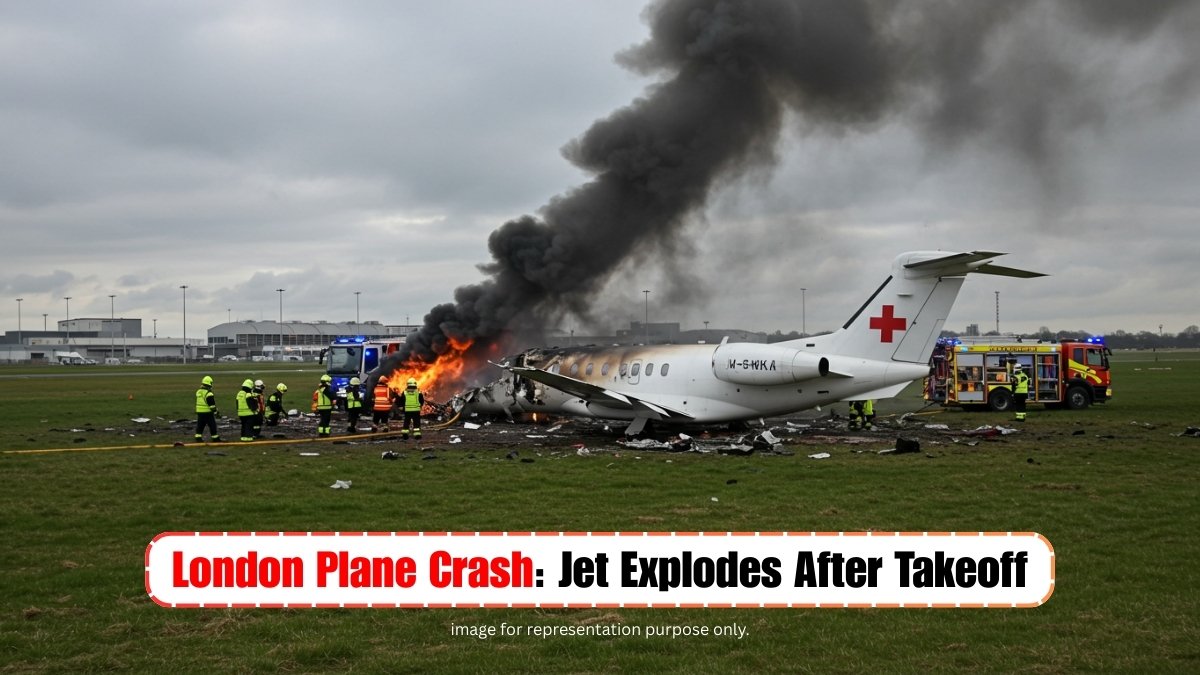 Burning wreckage of a small medical jet after the London plane crash near Southend Airport, with thick smoke and emergency vehicles in the background.