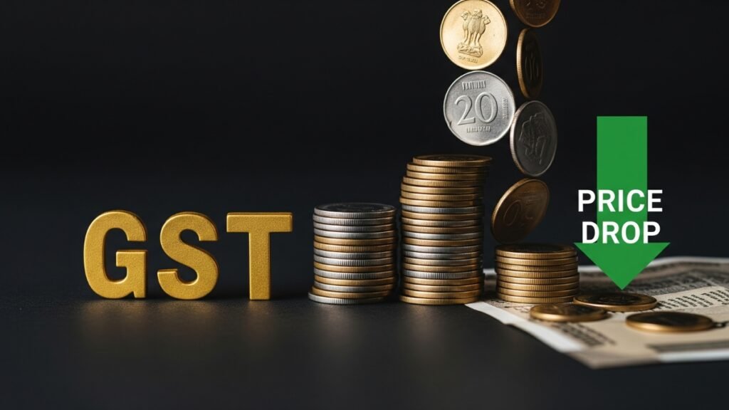 GST Slab Change Impact on Car Prices 2025: Will SUVs and Cars Finally Get Cheaper in India? 2 GST Slab Change Impact on Car Prices 2025 with coins, cars, and price drop arrow