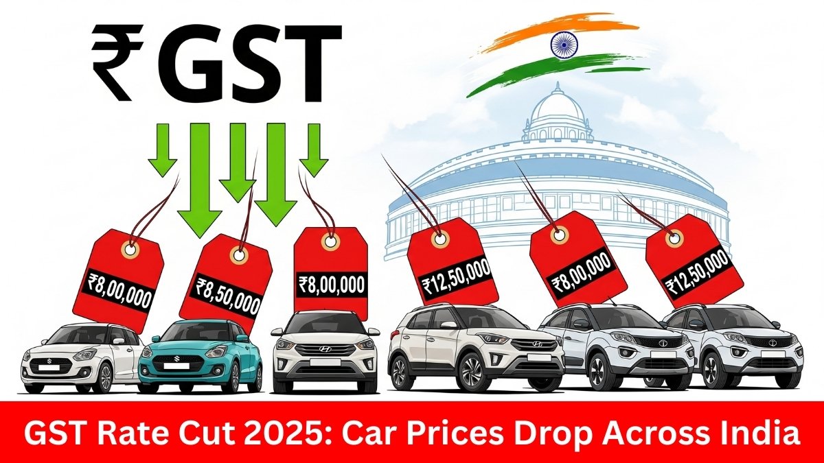 Indian Parliament with cars showing reduced prices after GST rate cut, symbolizing lower car costs in India