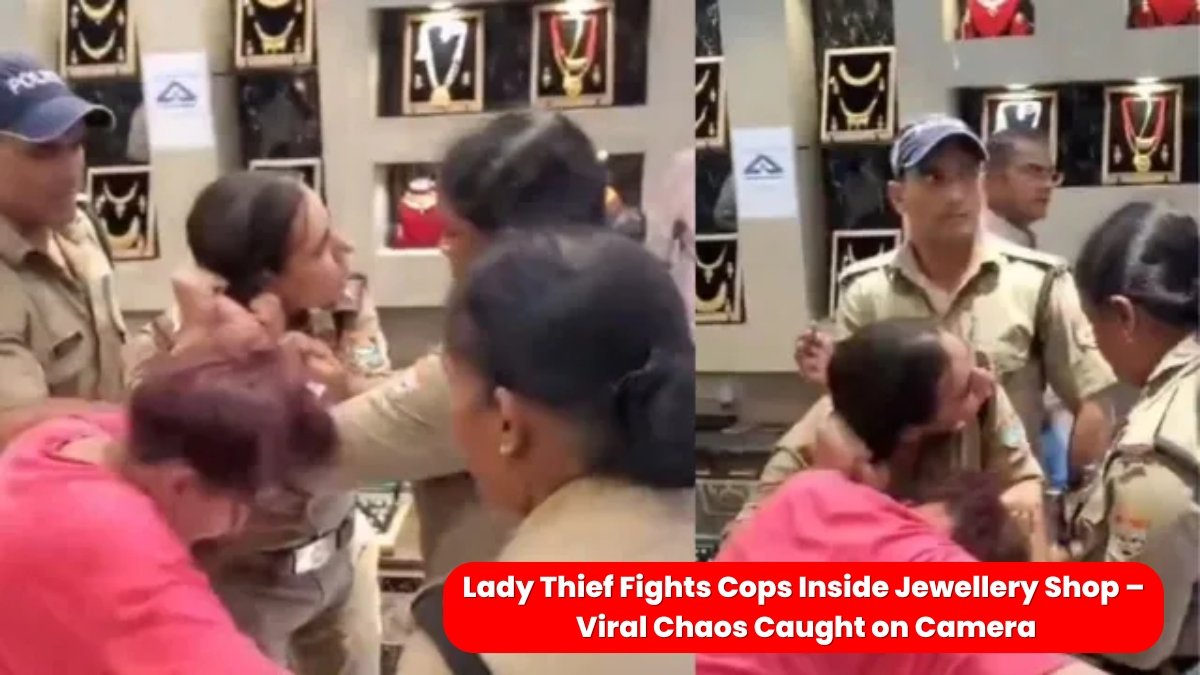A lady thief caught stealing jewellery fights with women police officers inside a crowded jewellery shop, as shocked customers watch. Viral video scene.