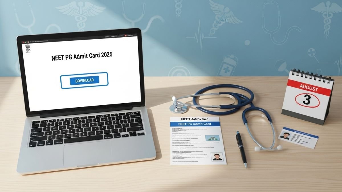 Laptop screen showing NEET PG Admit Card 2025 download page, with printed admit card, stethoscope, pen, ID card, and August 3 calendar on desk.