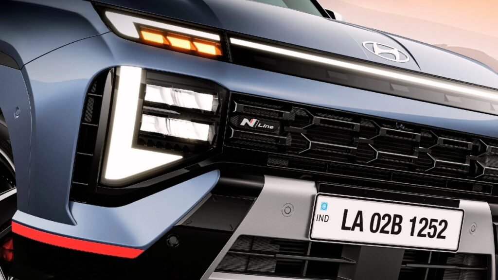 2025 Hyundai Venue N Line in red-black theme with sporty bumpers, N branding, and twin-tip exhaust.